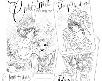 Christmas PDF Cards Coloring Set printable digital
