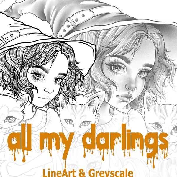 all my darlings* Coloring Set LineArt & Greyscale 6 pages 250g paper