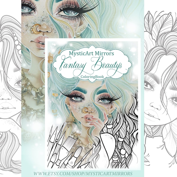 Fantasy Beauty PDF Coloring Book  - LineArt and Greyscale - gratis Postcard- Mermaid, Fairy Art printable at home for kids & adult