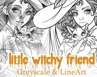 little witchy friend* PDF Coloring Set LineArt & Greyscale Art printable