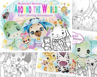 Op de afbeelding: Twee kleurboekomslagen met de tekst "MysticArt Mirrors Around The World Kids Coloring Adventures". De omslagen bevatten kleurrijke illustraties van cartoon dieren, waaronder een dinosaurus, een hond, een konijn en een bij. De achtergrond is een mix van pastelkleuren.