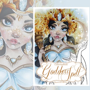Può includere: Un libro da colorare intitolato "Goddess Spell" presenta un'illustrazione dettagliata di una donna con occhi blu, adornata con un copricapo e gioielli dorati. Tiene in mano una torcia e una luna crescente. L'opera è in stile fantasy.