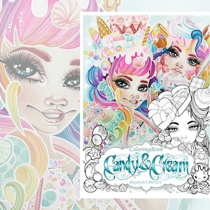 May include: A coloring book titled "Candy & Cream" featuring illustrations of whimsical characters with candy-themed hair and accessories. The cover art showcases vibrant colors and detailed line art, with the title in a decorative font.