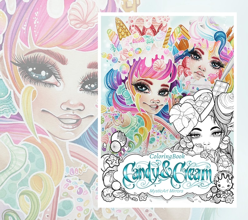 May include: A coloring book titled "Candy & Cream" featuring illustrations of whimsical characters with candy-themed hair and accessories. The cover art showcases vibrant colors and detailed line art, with the title in a decorative font.