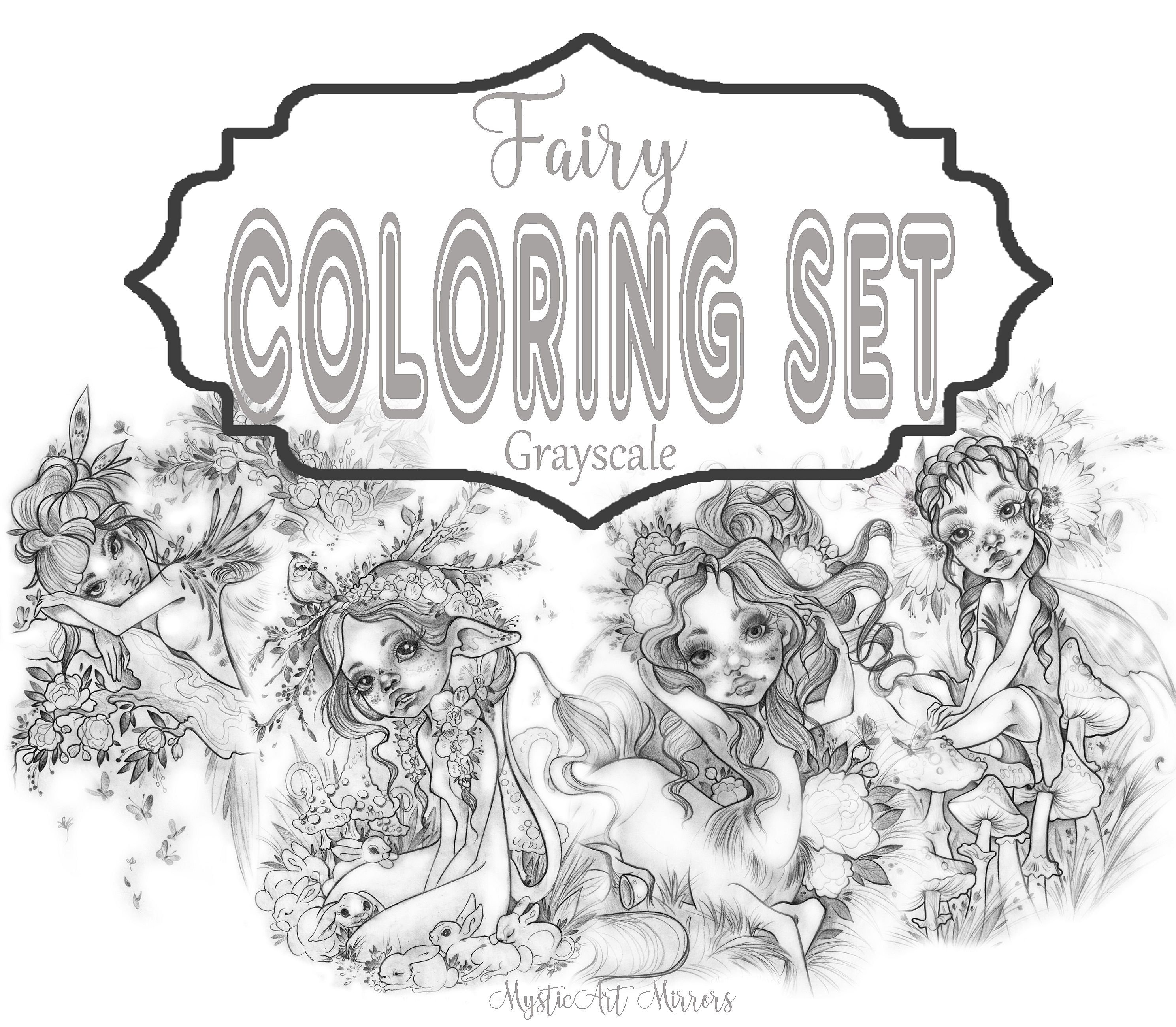 Coloring Set Fairy Grayscale for Kids & Adults Instant Download Printable  File Pdf 