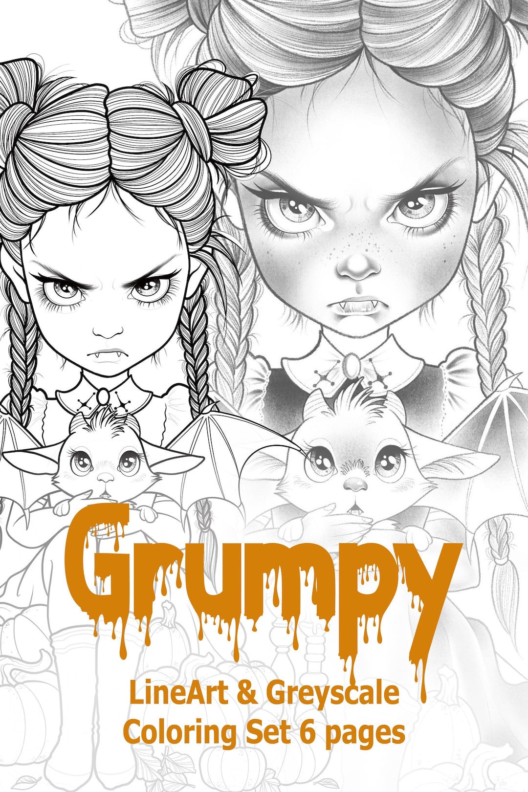 Grumpy* PDF Coloring Halloween Set Lineart & Greyscale - Etsy