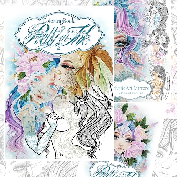 Pretty in Ink PDF Coloring Book including ArtPrint & Postcard digitally printable