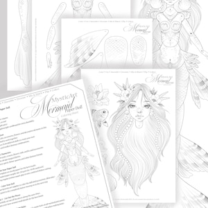 Könnte beinhalten: Ein Set aus ausdruckbaren Papierpuppen-Malvorlagen, die eine Meerjungfrau mit langem Haar, Blumenschmuck und Muschelakzenten zeigen. Die Seiten enthalten einzelne Körperteile, Schwänze und Anleitungen mit der Aufschrift MysticArt Mermaid Paper Doll.