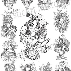 May include: Black and white line art illustration featuring a baker surrounded by whimsical dessert-themed portraits. The central figure wears glasses and an apron, holding baking tools. Various dessert-faced characters are depicted in ice cream cones, sundaes, and cupcakes.