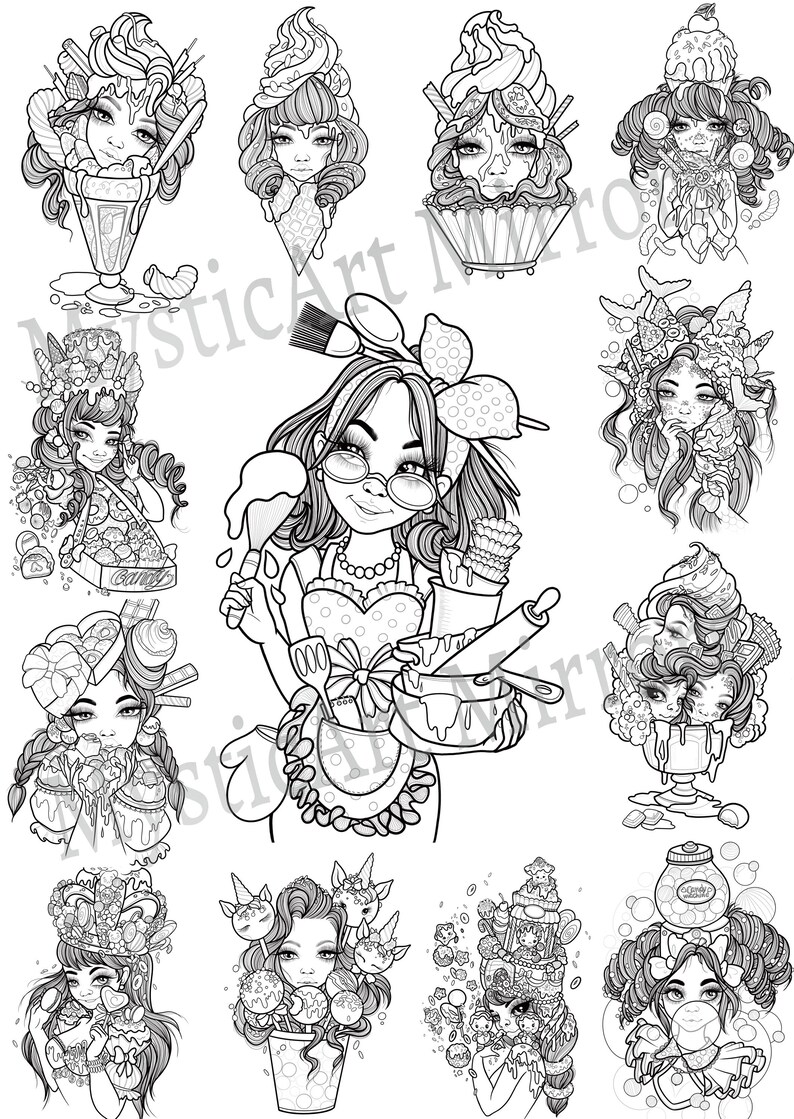 May include: Black and white line art illustration featuring a baker surrounded by whimsical dessert-themed portraits. The central figure wears glasses and an apron, holding baking tools. Various dessert-faced characters are depicted in ice cream cones, sundaes, and cupcakes.