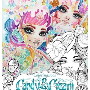May include: A colorful coloring book cover titled "Candy & Cream" featuring two stylized female figures surrounded by sweets. The artwork includes vibrant pink, blue, and purple hues, with detailed illustrations of desserts and candy.