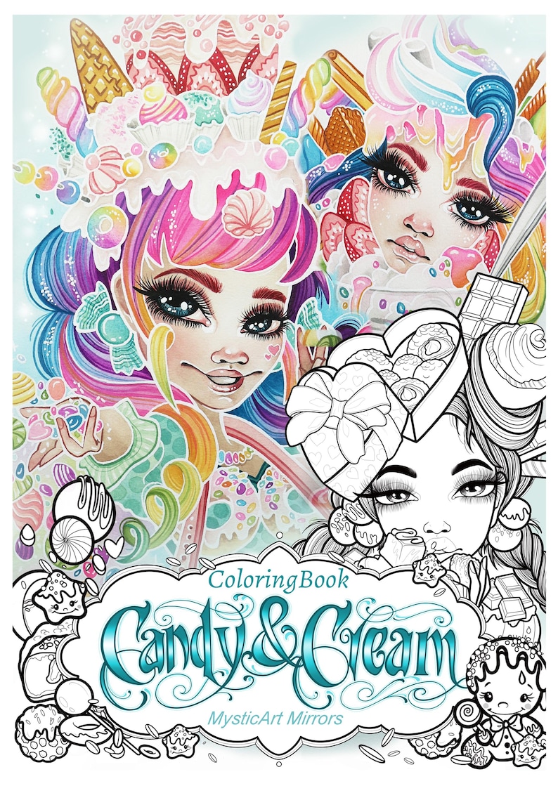 May include: A colorful coloring book cover titled "Candy & Cream" featuring two stylized female figures surrounded by sweets. The artwork includes vibrant pink, blue, and purple hues, with detailed illustrations of desserts and candy.