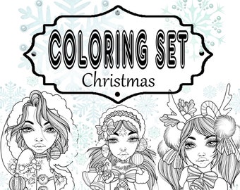 May include: Black and white illustration of a Christmas coloring set. The image features three stylized female figures with winter-themed accessories. The text "COLORING SET Christmas" is displayed in a decorative frame above the figures, surrounded by snowflake accents.