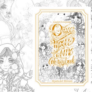 Könnte beinhalten: Ein Malbuch mit dem Titel "Once Upon a Time Coloringbook" mit aufwendigen Strichzeichnungen. Das Cover hat einen goldenen Rahmen und verzierte Schriftzüge. Die Seiten des Buches sind mit detaillierten Graustufenzeichnungen gefüllt.