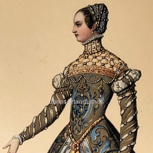 Victorian Catherine de Medici, Femme de Henri II, 12x16 inch, Lithograph, Victorian costume headress purse gown, blue and aqua