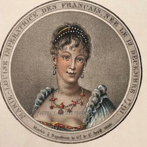1810 Marie Bonaparte family Antique print, tinted, crown, necklace, duchess, tiara, women wall art