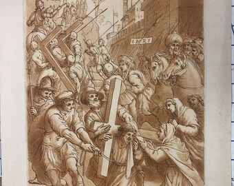 c1772 Antique engraving Christ carrying Cross, Calvary, Crown of Thorns, sepia tone, Christ carrying wooden cross on the road to Calvary
