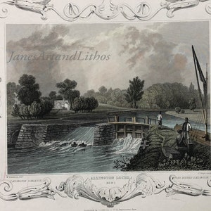 Allington Locks, 1835 Antique original steel engraving, tinted, Kent, London, England, tinted, Tombleson