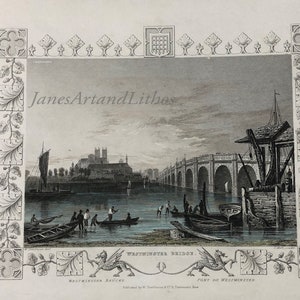 England, Westminster Bridge, Antique original 1853 steel engraving, art of London, tinted, water, boats, River Thames
