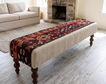 Vintage hemp ottoman bench, coffee table, upholstered stool, bedroom furniture, kilim rug long stool