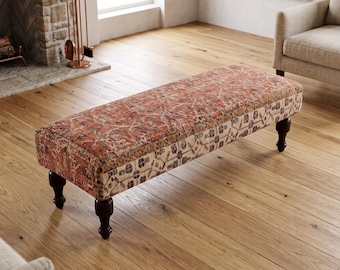 Vintage ottoman bench, upholstered stool, bedroom kilim rug ottoman
