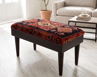 Ottoman bench, Vintage upholstered stool, bedroom kilim rug ottoman, entry furniture