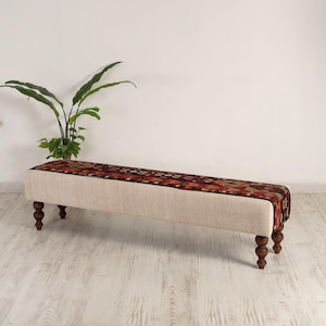 Bench, Coffee table, Ottoman Upholstered Bench, Handmade Furniture, Hand-Woven Vintage Turkish Kilim Rug Ottoman Bench, hemp rug