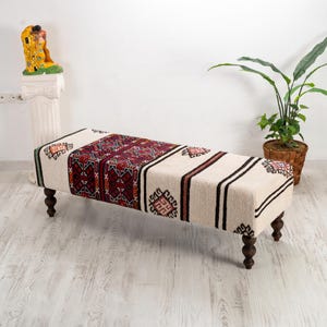 Bench, Coffee table, Ottoman Upholstered Bench, Handmade Furniture, Hand-Woven Vintage Turkish Kilim Rug Ottoman Bench, hemp kilim ottoman