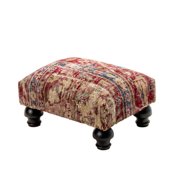 Handwoven Vintage Turkish Kilim Rug Ottoman Footstool Ottoman