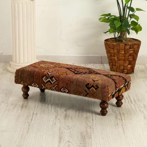 Footstool, Handwoven Vintage Turkish Kilim Rug Ottoman stool, Ottoman Stool, Vintage Footrest, Bohemian Furniture