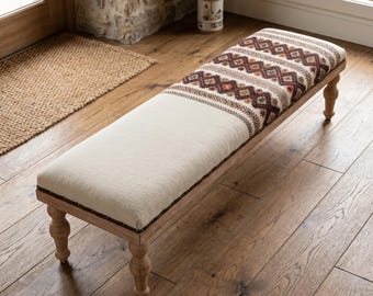 Vintage ottoman bench, coffee table, upholstered stool, bedroom kilim rug long stool