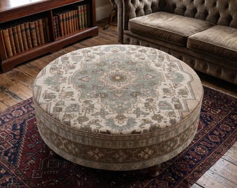 Vintage Round Ottoman, coffee table, upholstered kilim rug bench, storage, stool, pouf