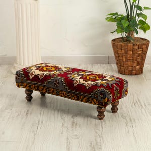 Footstool, Handwoven Vintage Turkish Kilim Rug Ottoman stool, Ottoman Stool, Vintage Footrest, Bohemian Furniture
