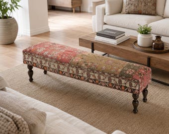 Vintage ottoman bench, coffee table, upholstered stool, bedroom kilim rug long stool