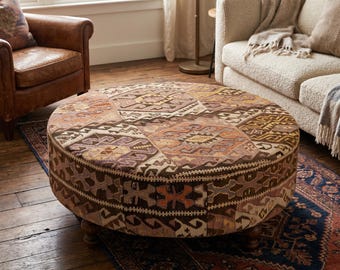 Vintage Round Ottoman, coffee table, upholstered kilim rug bench, storage, stool, pouf, vanity bench