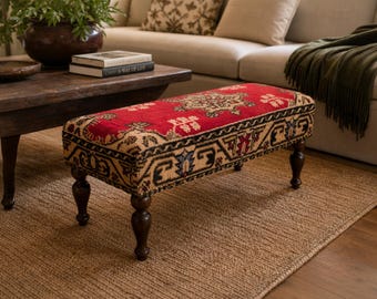 Ottoman bench, Vintage upholstered stool, bedroom kilim rug ottoman