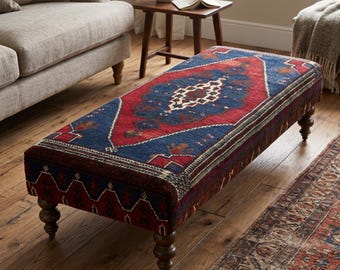 table basse ottomane vintage, ottomane tapissé kilim, tabouret, banc, pouf, meubles