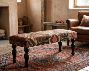 Ottoman bench, Vintage upholstered foot stool, bedroom kilim rug ottoman furniture