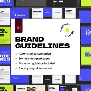Peut inclure: Un modèle de guide de marque numérique présentant une carte centrale blanche avec le texte Brand Guidelines, une icône Adobe InDesign et un badge beginner friendly. La carte liste des fonctionnalités comme la personnalisation automatique.