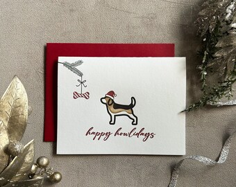 Christmas Holiday Beagle Puppy Dog Wearing Santa Hat Letterpress set of 6 greeting cards with envelopes