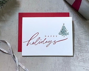 Red and Green Happy Holidays Swarovski Crystal Tree Calligraphy Letterpress Holiday set of 6 greeting notecards with envelopes