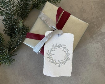 Holiday Christmas Snowy Glitter Wreath Silver Letterpress on HANDMADE PAPER with deckle edge set of 6 gift tags