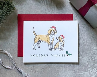 Christmas Holiday Beagle and Puppy Dog Wearing Santa Hat Hand Painted Watercolor set of 6 greeting cards with envelopes