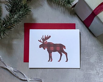 Holiday Buffalo Plaid Moose Letterpress set of 6 greeting cards with envelopes