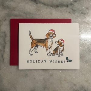 Conjunto de 6 cartões comemorativos com envelopes pintados à mão em aquarela, filhote de cachorro tricolor Beagle, usando chapéu de Papai Noel