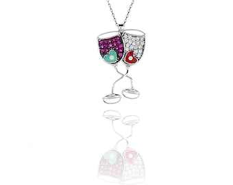 Duo Wine Glass Shaped Necklaces, Duo Wine Glass Charms, Women Necklaces, Women gift İdeas, Lovely Duo Wine Glass Necklaces, Silver Necklaces