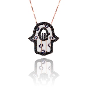 Hand of Fatima Necklace with Black Onyx Stones, Hand of Fatima Charms, Hand of Fatima Jewelry, Silver Necklace, Women Necklace, Evil Eye