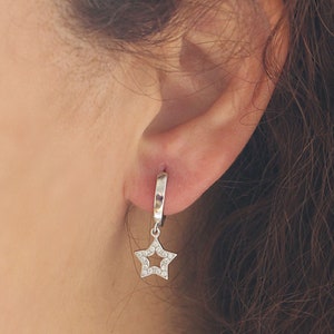 Star Shaped Dangle Hoop Earrings, Women Earring, Women Gift İdeas, Hoop Earring, Summer Earrings, Dangle Earrings, Silver Earrings