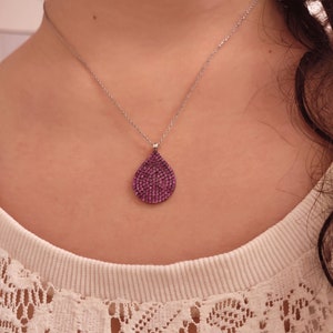 Drop Shaped Necklace With Ruby Stones, Drop Shaped Charms, Women Necklaces, Women Gift İdeas, Silver Necklaces, Necklaces for women