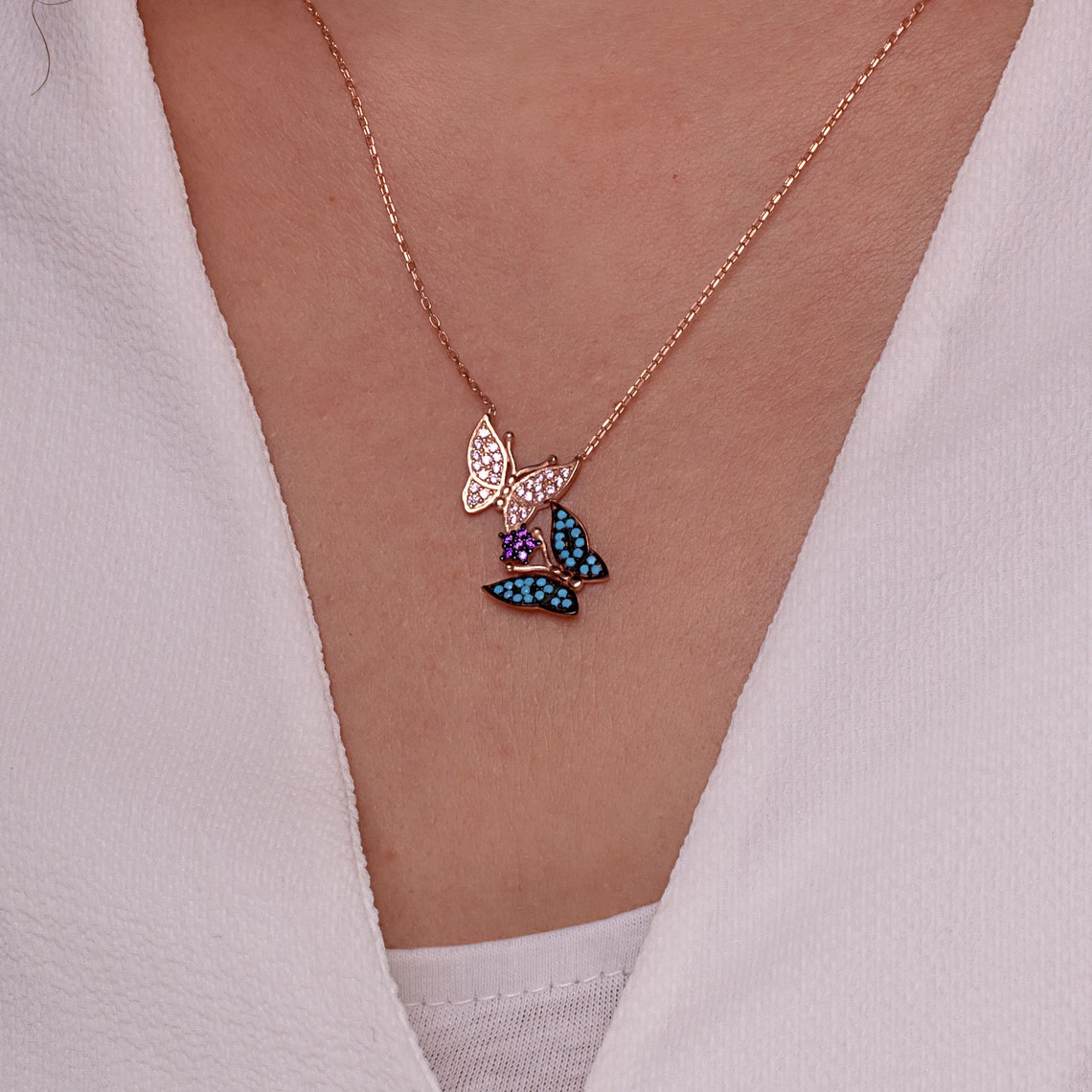 Double Butterflies Necklace Double Butterflies Charms Lovely Etsy